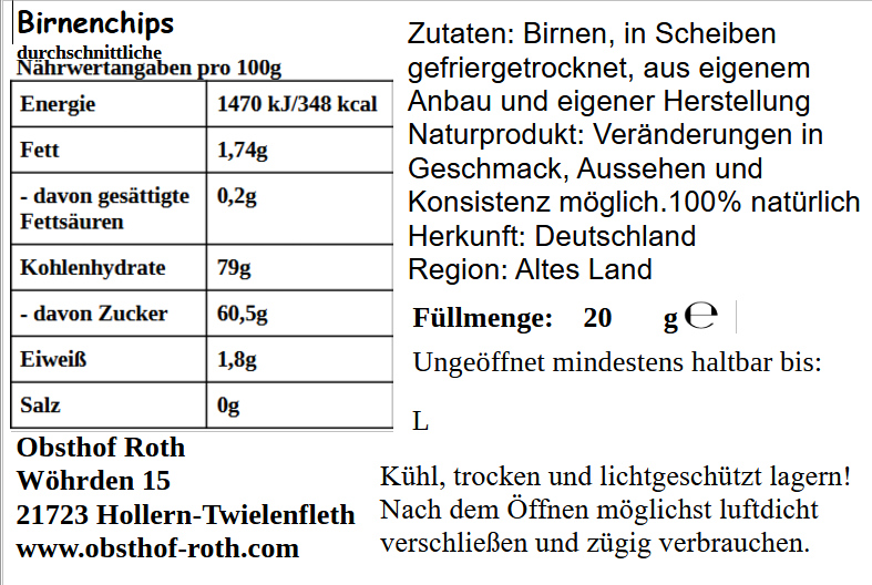 Etikett Birnenchips